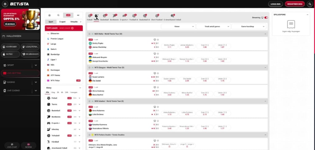 Betista live betting med streamingfilter på tennis