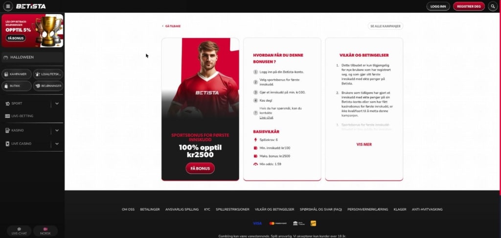 Betista sportsbonus 100 prosent opptil 2 500 kr