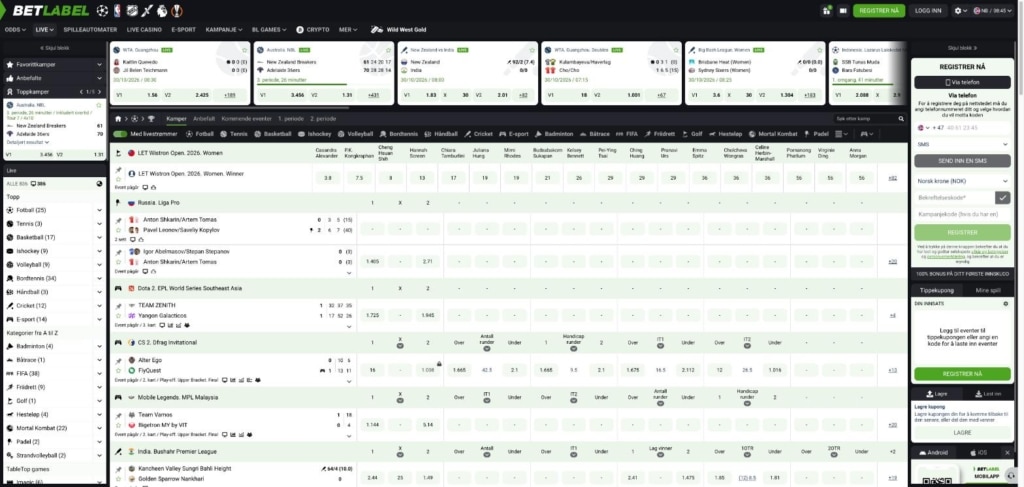 Betlabel live betting med filter for livestrømmer