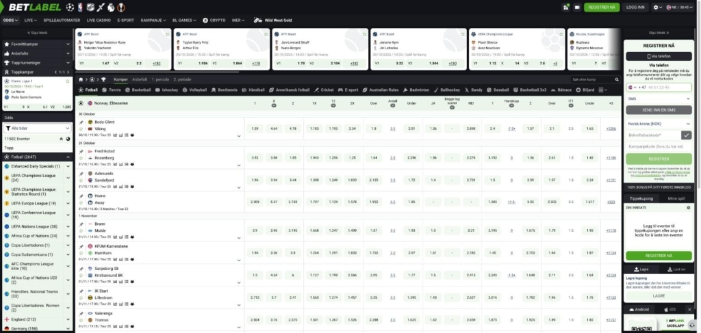 Betlabel odds på Eliteserien oktober 2026