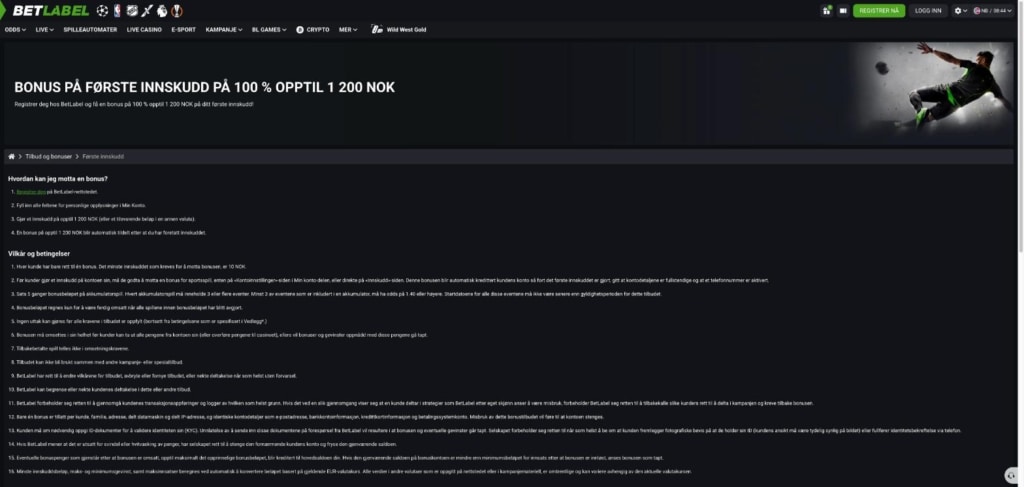 Betlabel velkomstbonus 100 prosent opptil 1 200 kr for sport