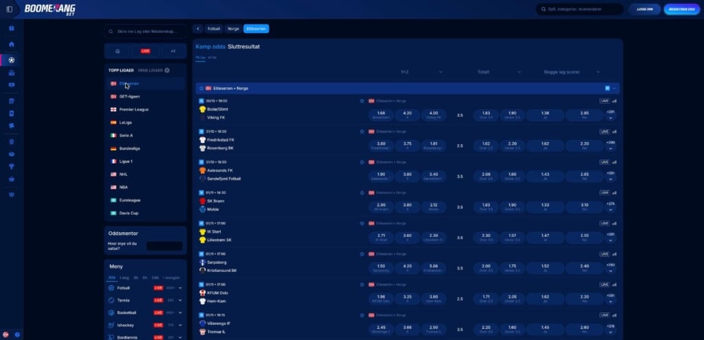 Boomerang Bet odds på Eliteserien oktober 2026