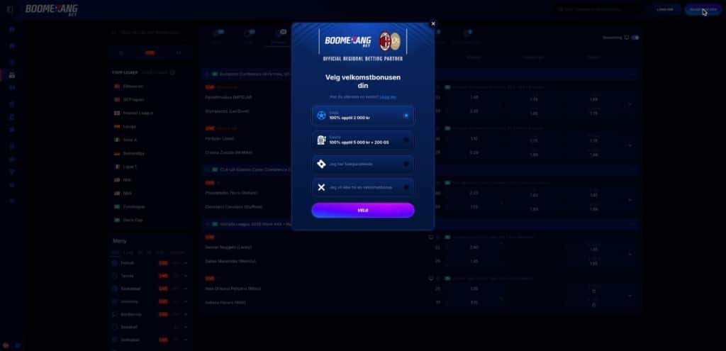 Boomerang Bet registrering med valg av velkomstbonus