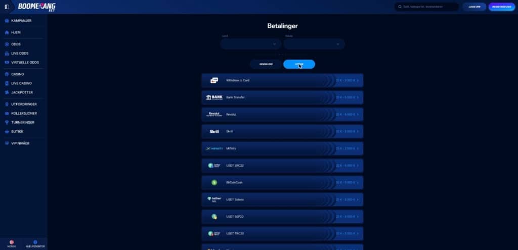 Boomerang Bet uttaksmetoder med grenser i euro