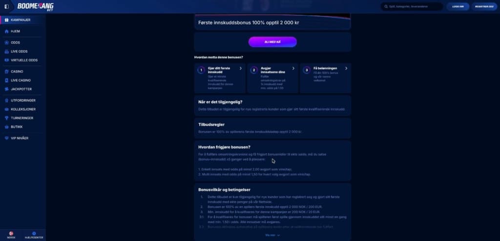 Boomerang Bet velkomstbonus odds 100 prosent opptil 2 000 kr med vilkår
