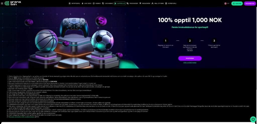 Granawin velkomstbonus for sport opptil 1 000 kr