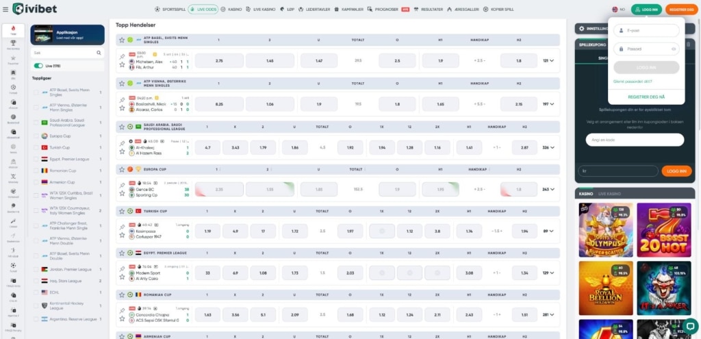 Ivibet liveodds med videosymbol ved kampene
