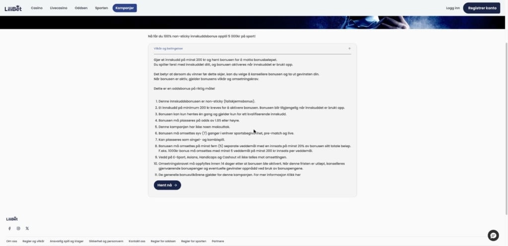Vilkårene for velkomstbonusen på oddsen hos Lilibet