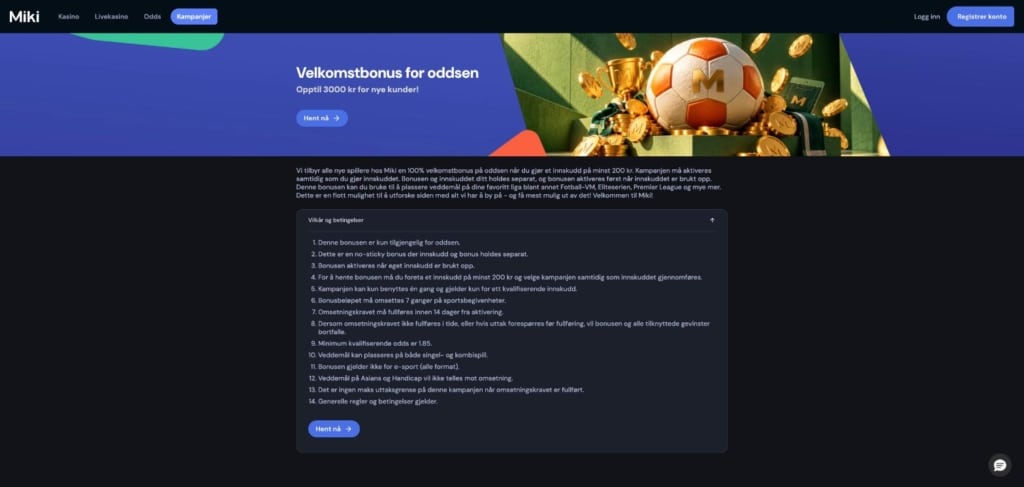 Miki velkomstbonus for oddsen opptil 3 000 kr