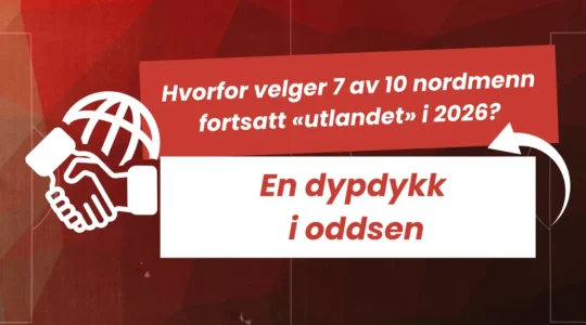 Thumbnail for artikkel om bookmakere: Grafikk med et ikon av et håndtrykk foran en globus, og overskriften 'Hvorfor velger 7 av 10 nordmenn fortsatt «utlandet» i 2026? En dypdykk i oddsen'.