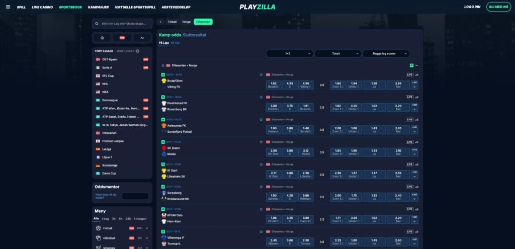 Playzilla odds på Eliteserien oktober 2026