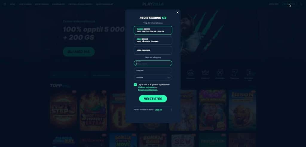 Playzilla registrering med valg av velkomstbonus