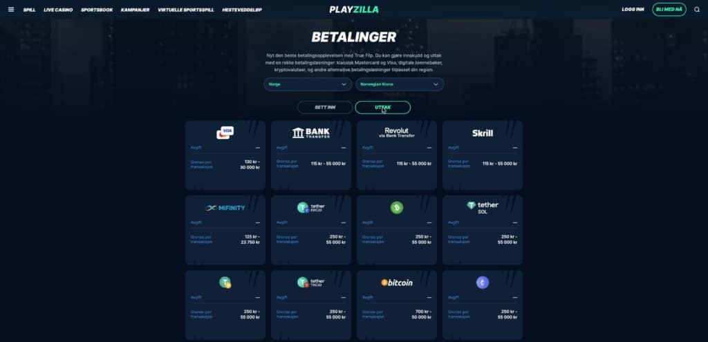 Playzilla uttaksmetoder med grenser i norske kroner