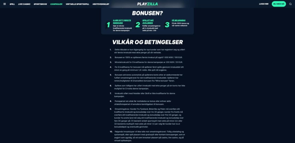 Playzilla velkomstbonus odds 100 prosent opptil 1 000 kr med vilkår