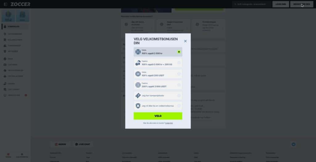 Zoccer registrering med valg av velkomstbonus