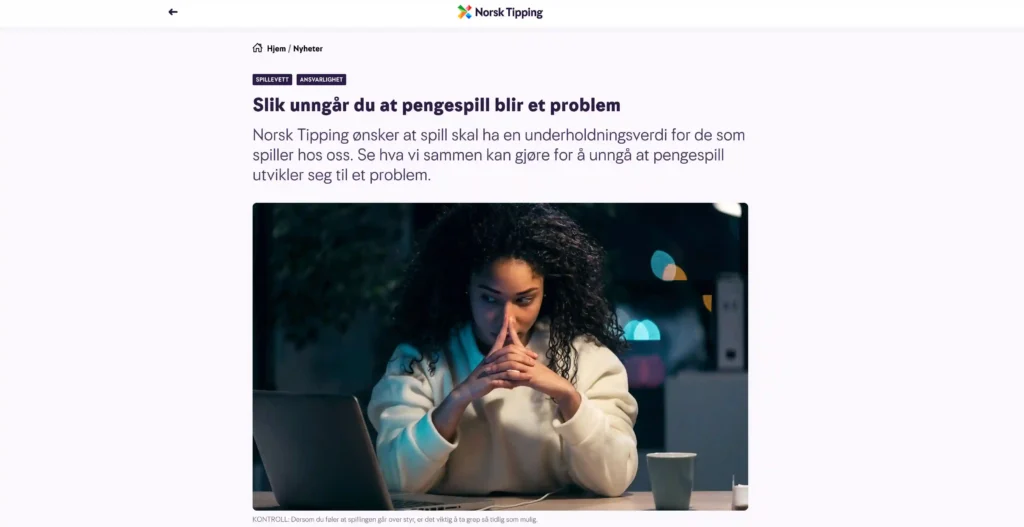 Skjermdump av kampanjen "Slik unngår du at pengespill blir et problem" norsk-tipping.no