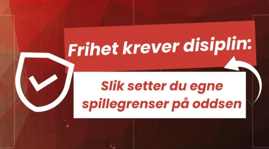 Thumbnail for guide om ansvarlig spill: Grafikk med teksten 'Frihet krever disiplin: Slik setter du egne spillegrenser på oddsen' og et sikkerhetsskjold som symboliserer trygg betting.